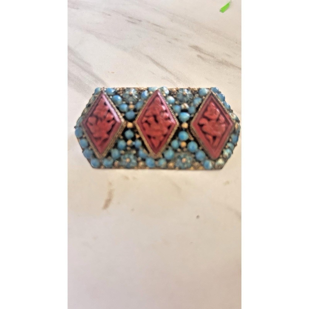 Vintage Nepal Brooch Pin Brass Coral & Turquoise Inlay Tibetan Tribal Jewelry - Picture 5 of 10